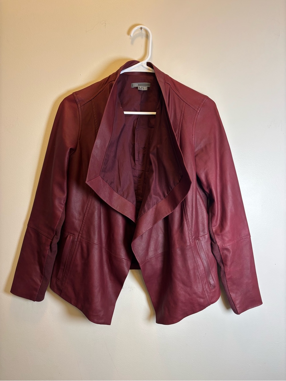 Vince burgundy leather draped jacket